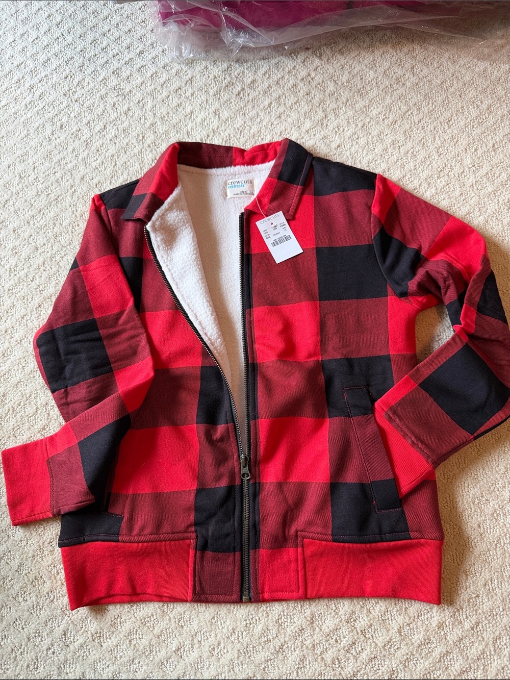 J. Crew Kids Red & Black Buffalo Plaid Sherpa-Lined Zip Hoodie - Boys size 12